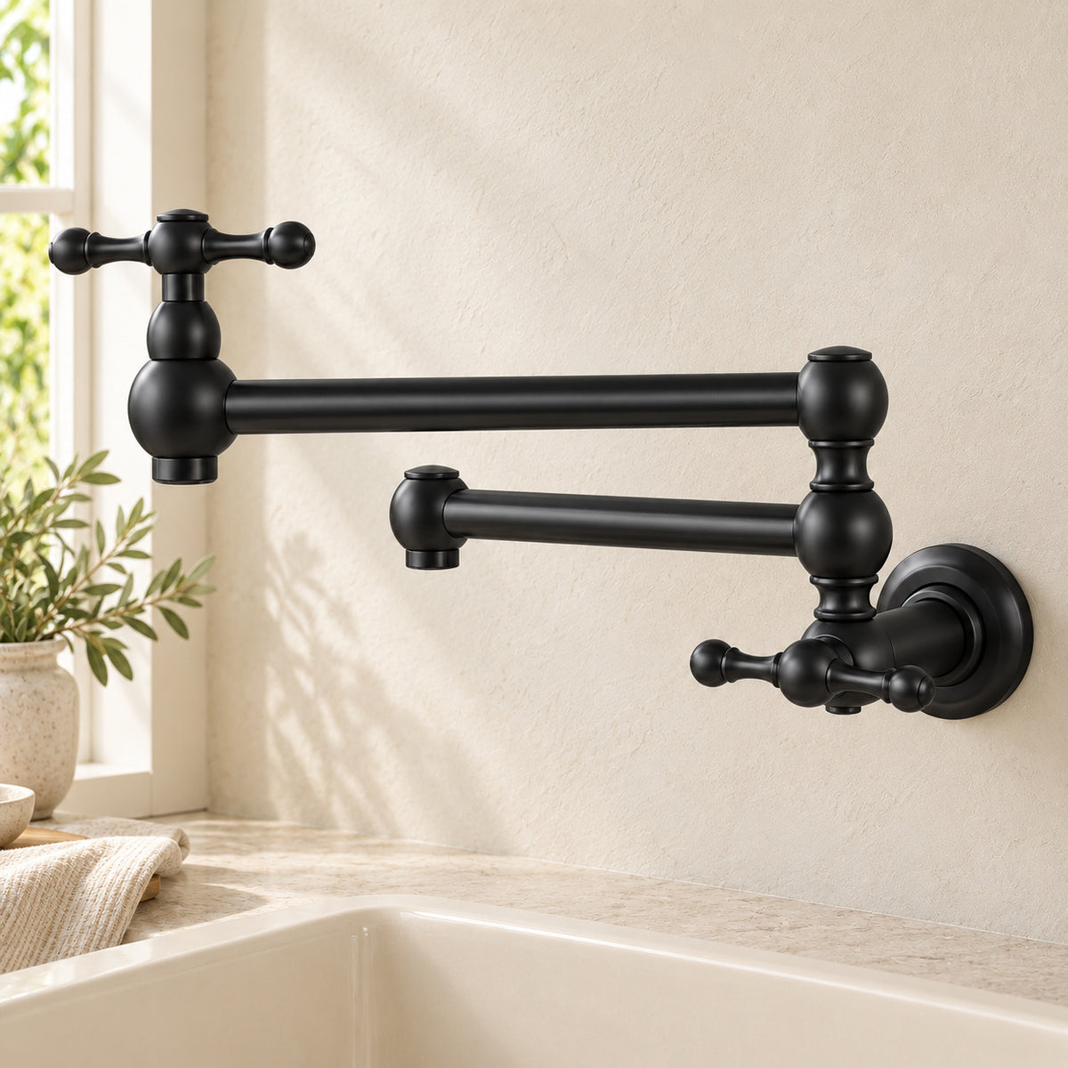 Robinet mural articulé noir mat dans le décor beige Brasselle