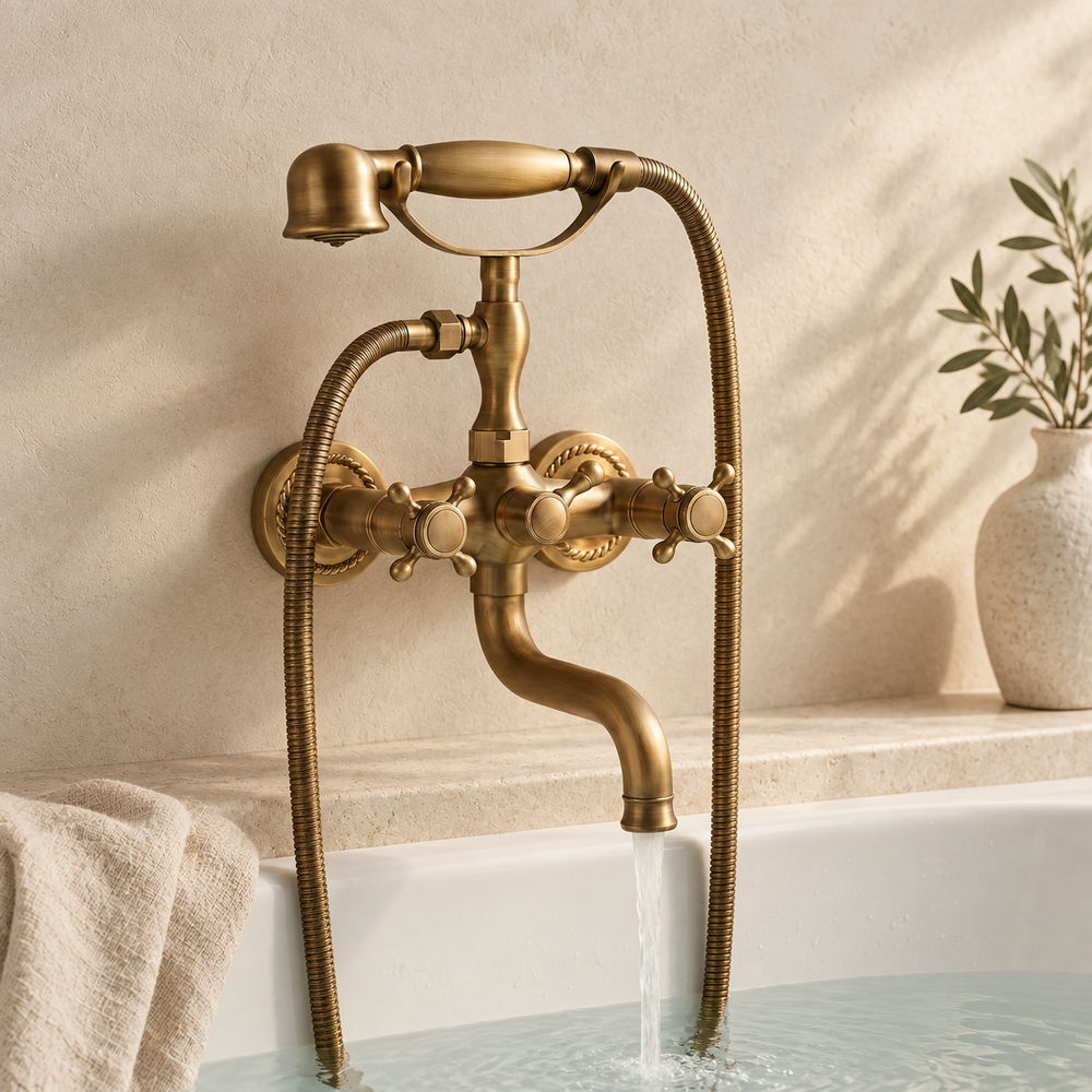 Robinet mural de bain et douche en laiton antique dans un décor beige Brasselle