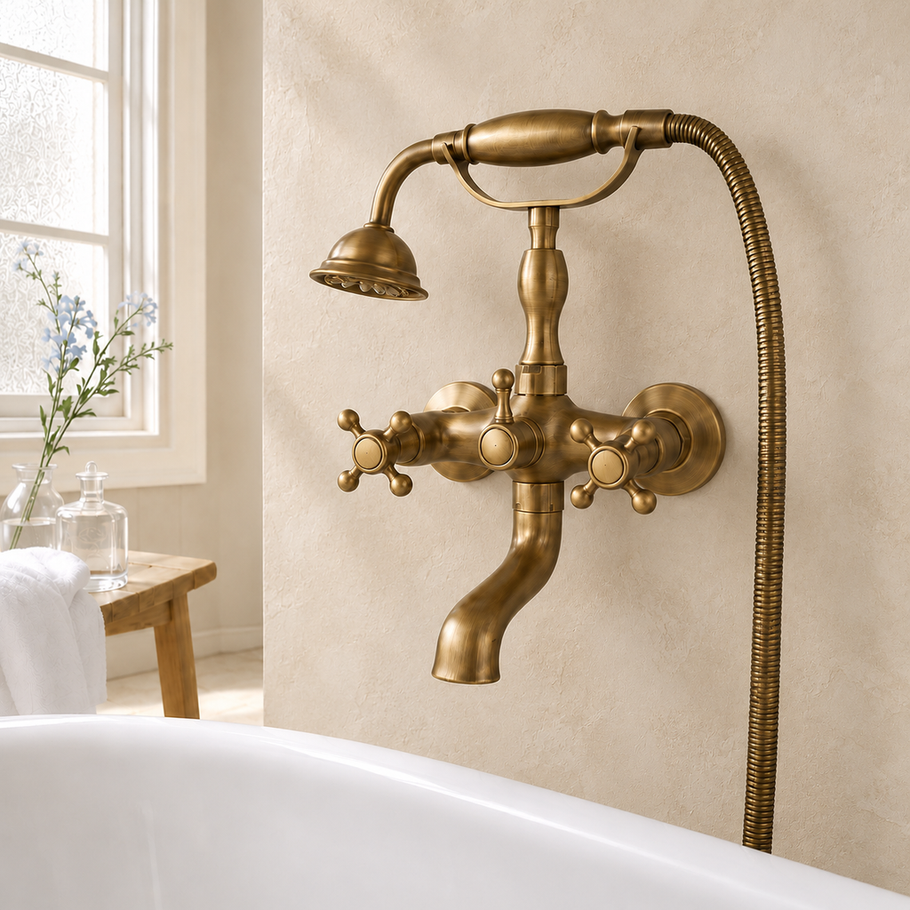 Version croisillons tout laiton du mélangeur bain-douche Héritage sur fond beige