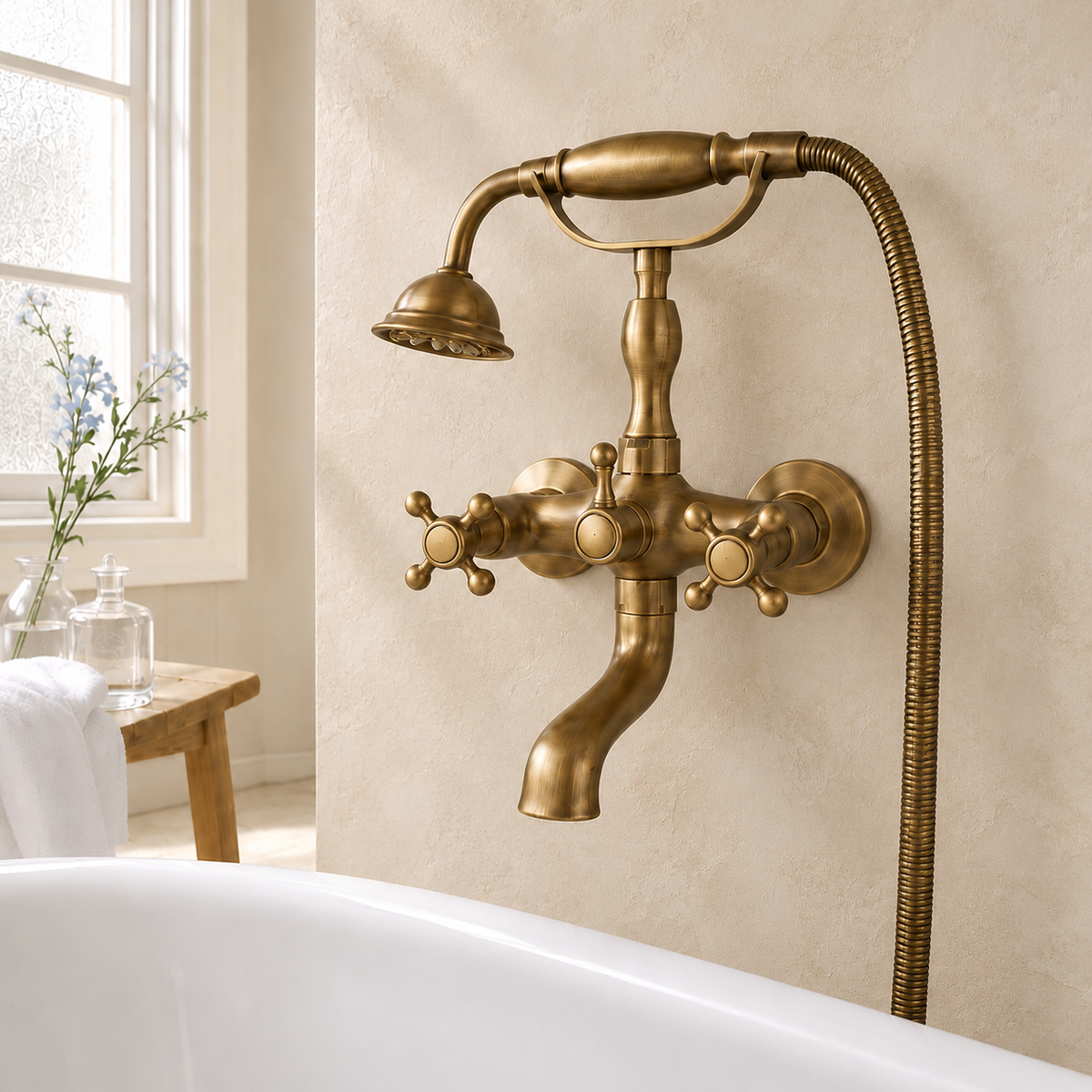 Version croisillons tout laiton du mélangeur bain-douche Héritage sur fond beige