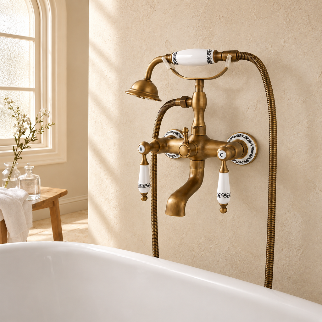 Version porcelaine décorée du mélangeur bain-douche Héritage sur fond beige, vue rapprochée
