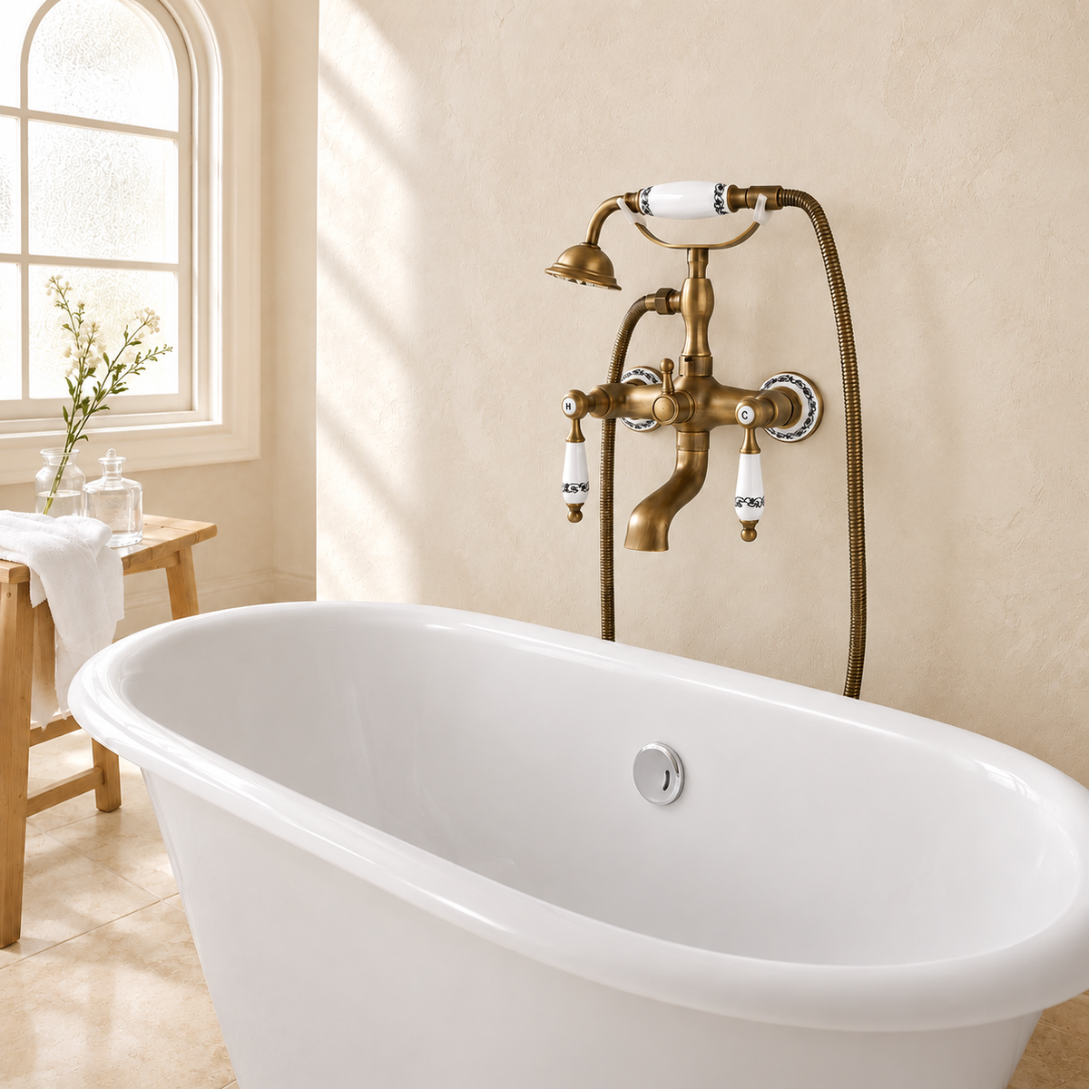 Version porcelaine décorée du mélangeur Héritage au-dessus d’une baignoire blanche, fond beige