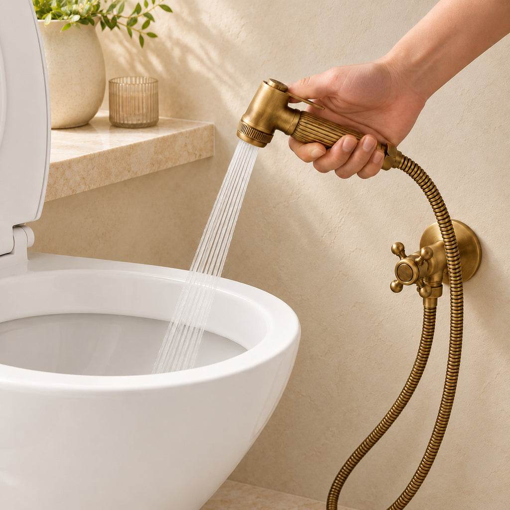 Douchette Cannelée et éléments du kit complet dans le décor beige Brasselle