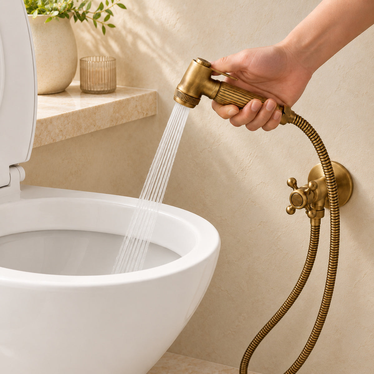 Douchette Cannelée et éléments du kit complet dans le décor beige Brasselle