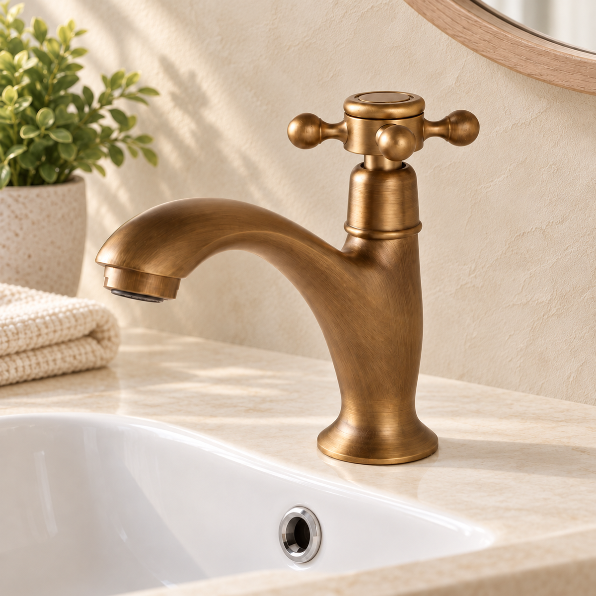 Robinet Croix — laiton antique, vue principale sur fond beige