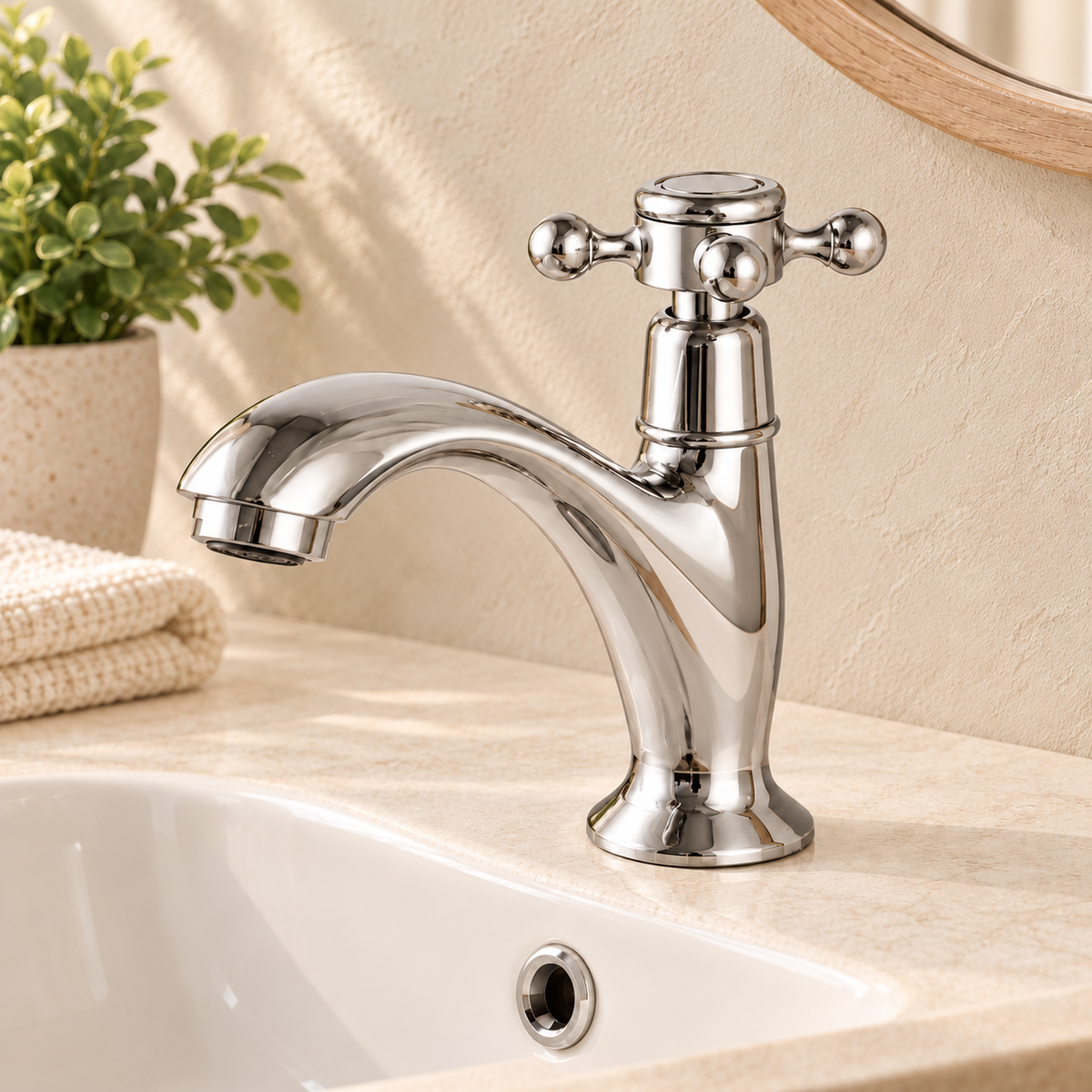Robinet Croix chromé sur fond beige