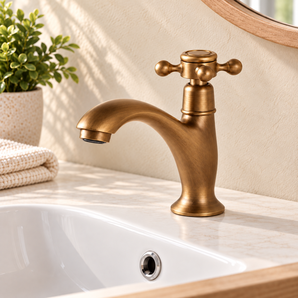 Robinet Croix — silhouette et installation sur lavabo