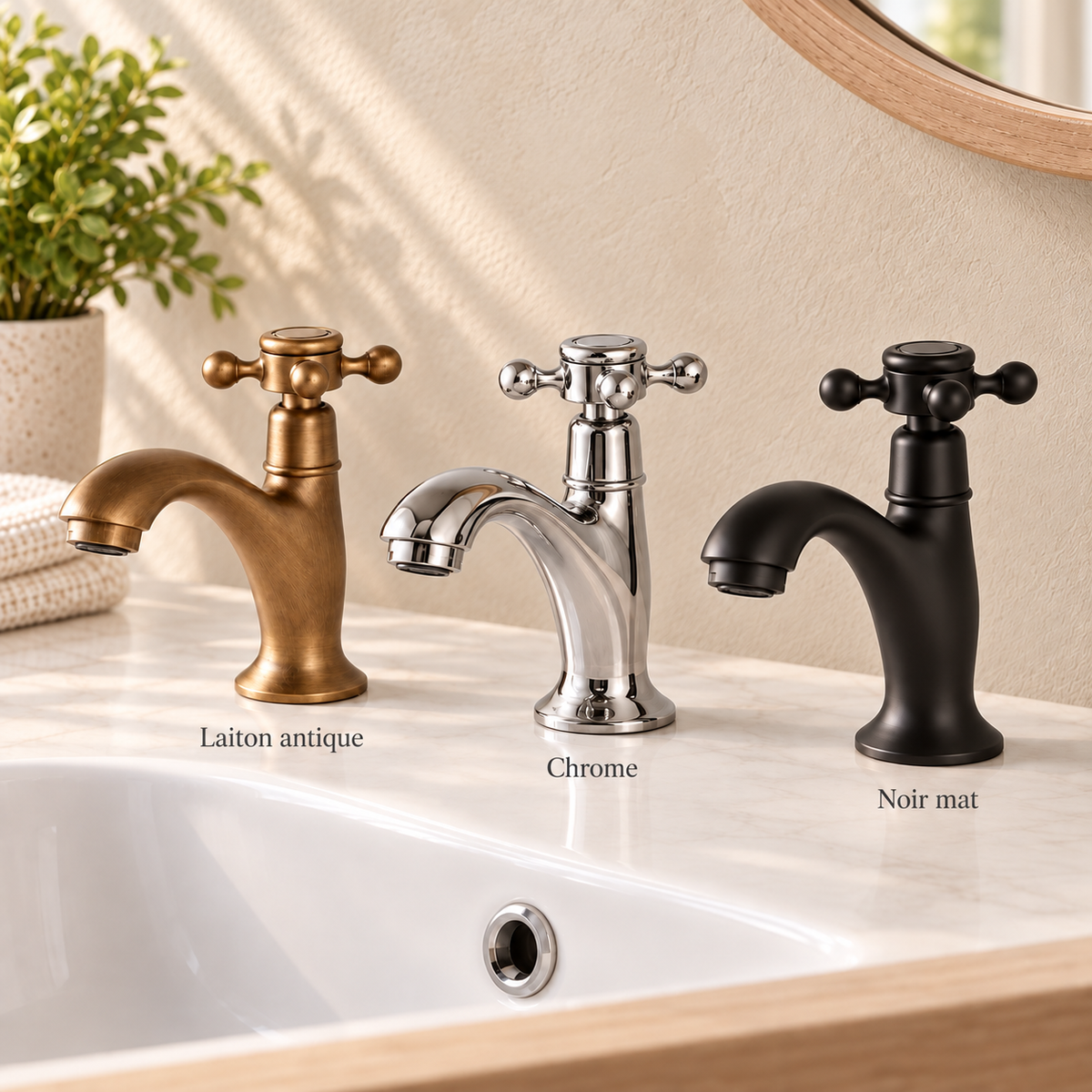 Robinet Croix — finitions laiton antique, chrome et noir mat