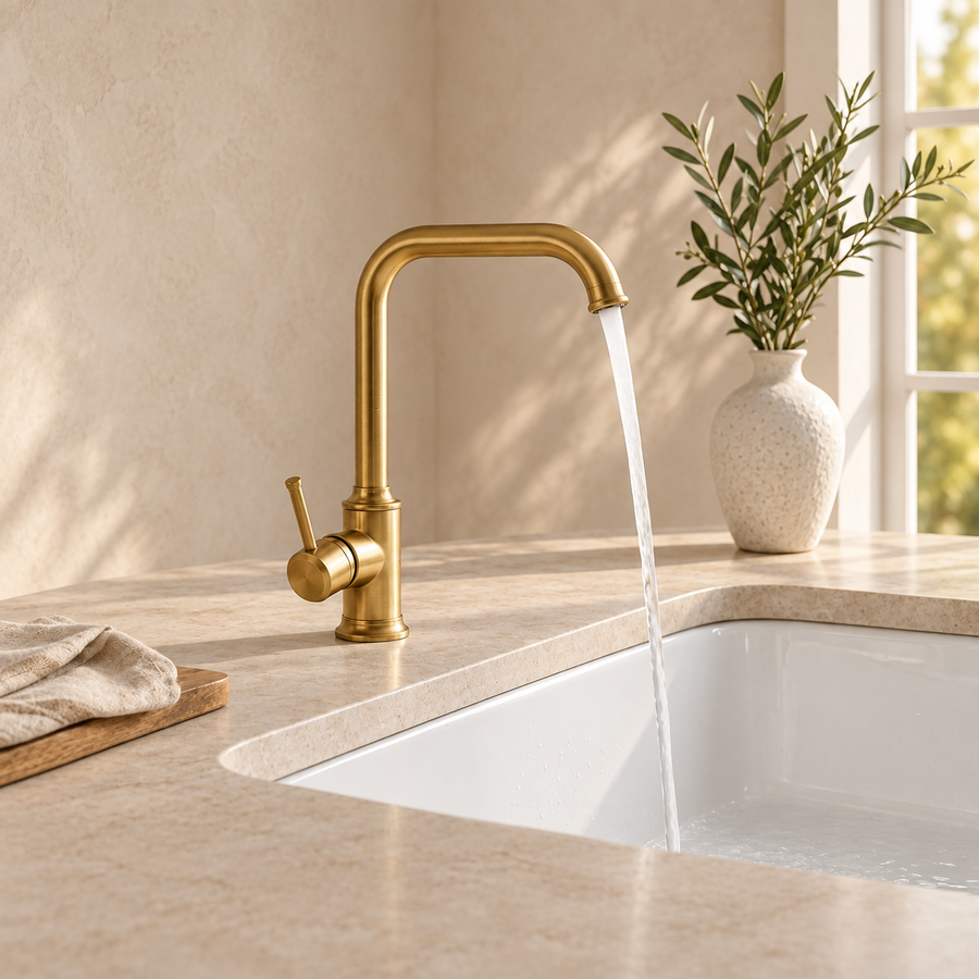 Robinet de cuisine en laiton antique dans un décor beige Brasselle