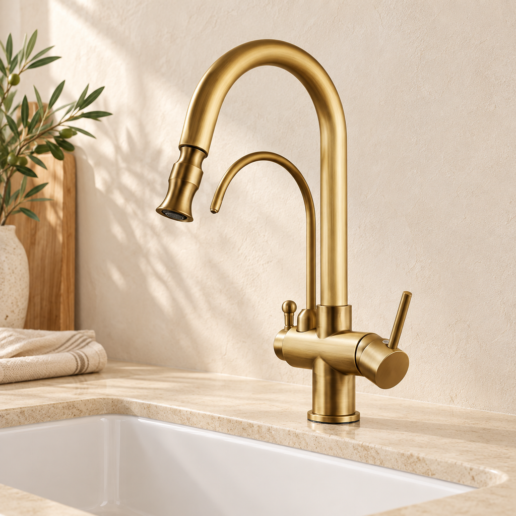 Mitigeur cuisine Duo Antique sensor A dans un décor beige Brasselle