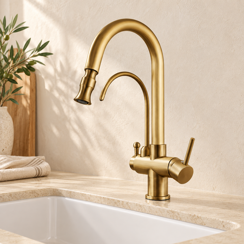 Mitigeur cuisine Duo Antique sensor A dans un décor beige Brasselle