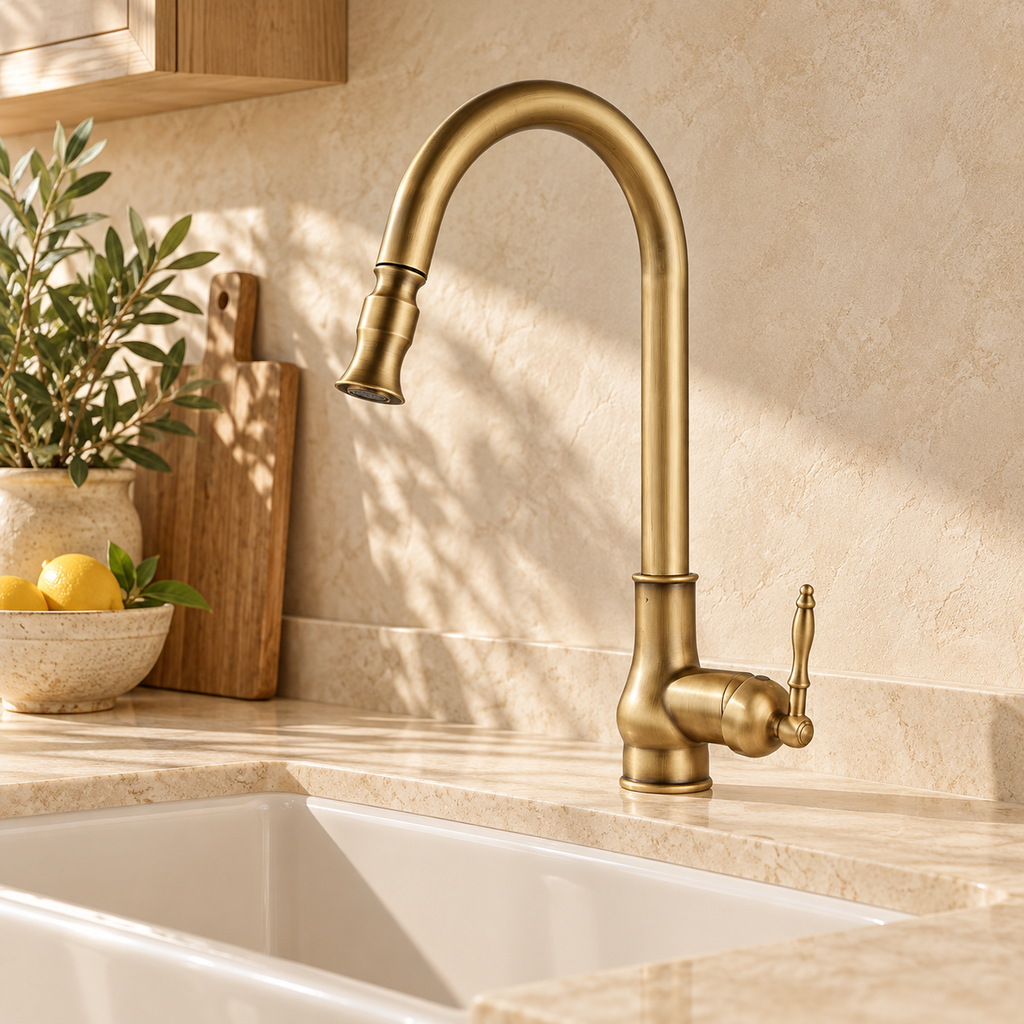 Mitigeur de cuisine Héritage laiton antique A, douchette fine rétractée, évier blanc et décor beige