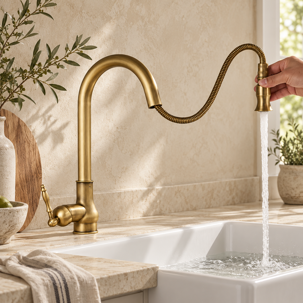 Douchette fine extractible en laiton antique A au-dessus d’un évier blanc sur fond beige