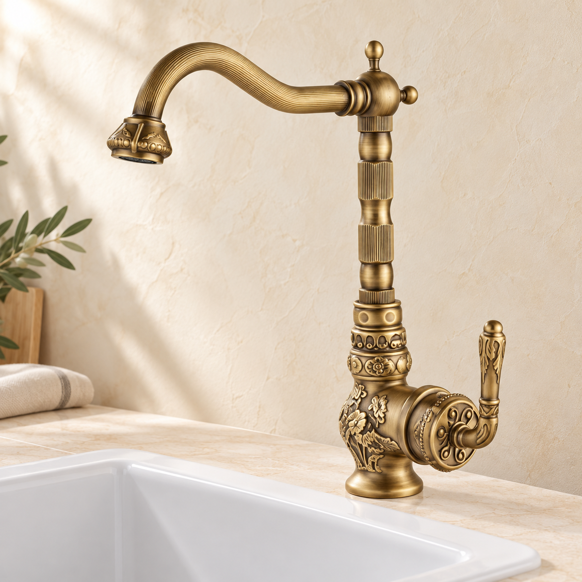 Mitigeur Ornement en laiton antique dans une cuisine beige Brasselle