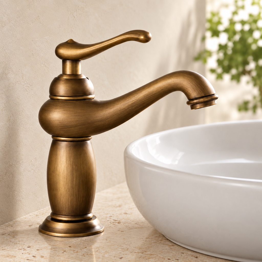Mitigeur Galbe laiton antique sur pierre beige