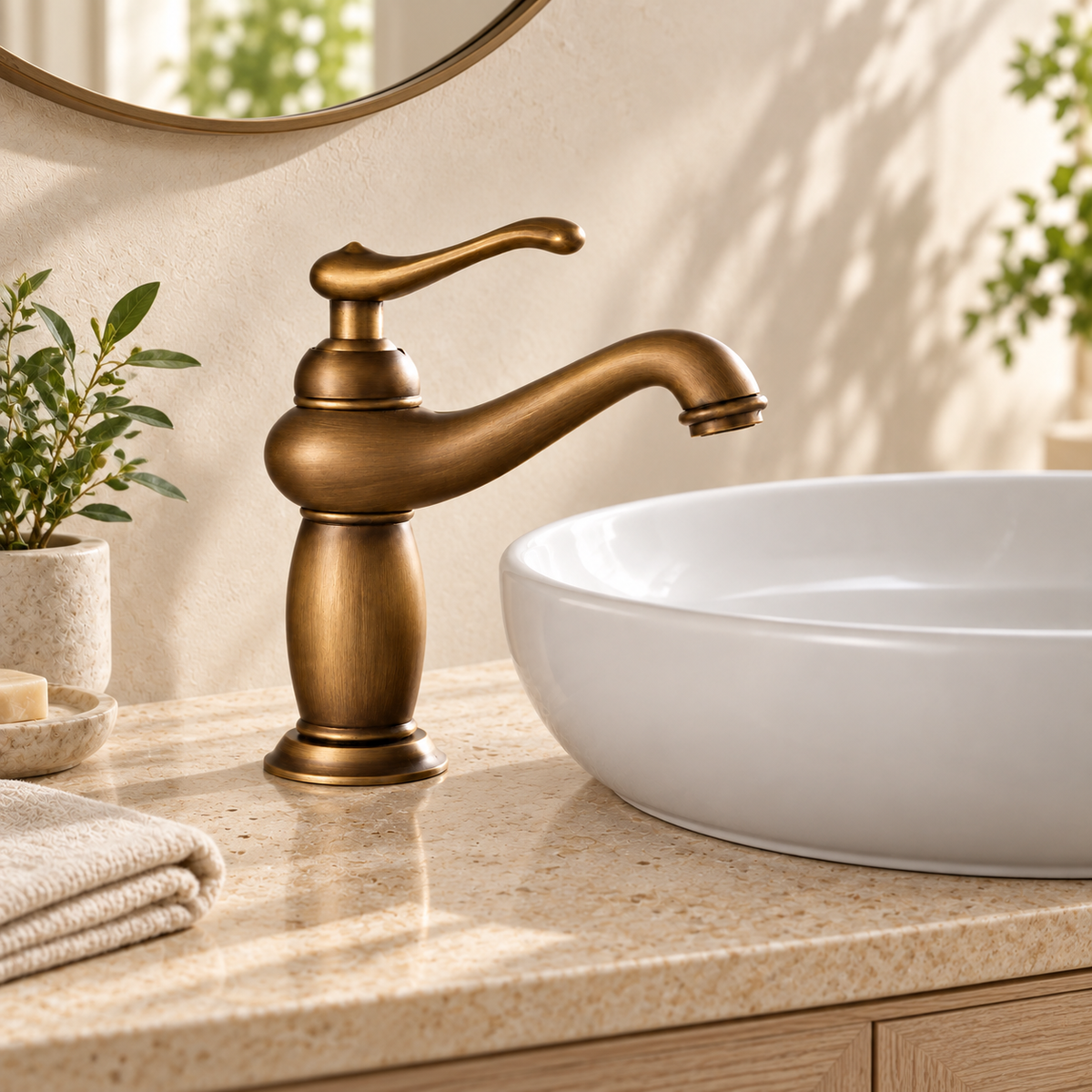 Galbe antique dans une salle de bain beige et bois clair