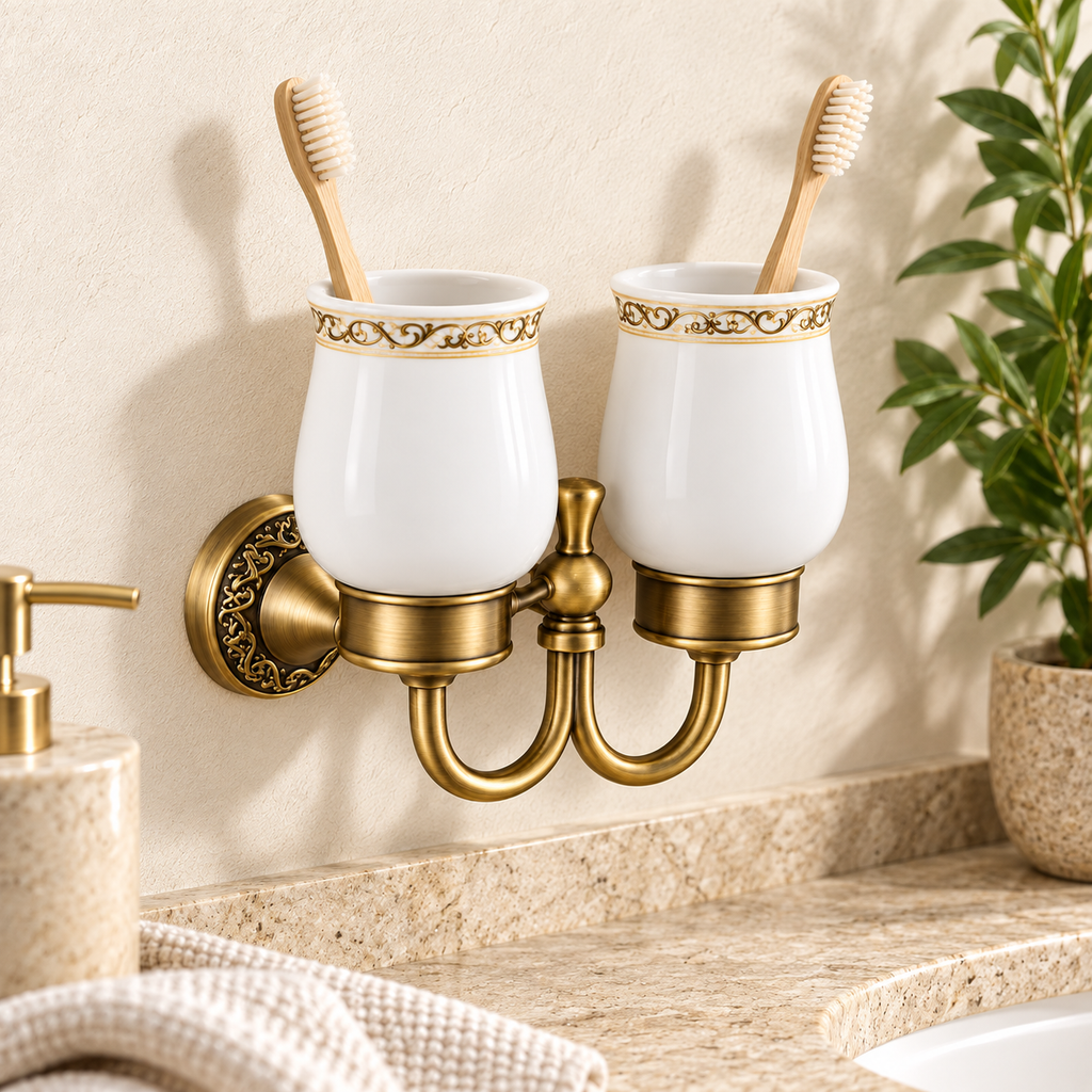 Porte-gobelets double Héritage — vue 2, décor beige