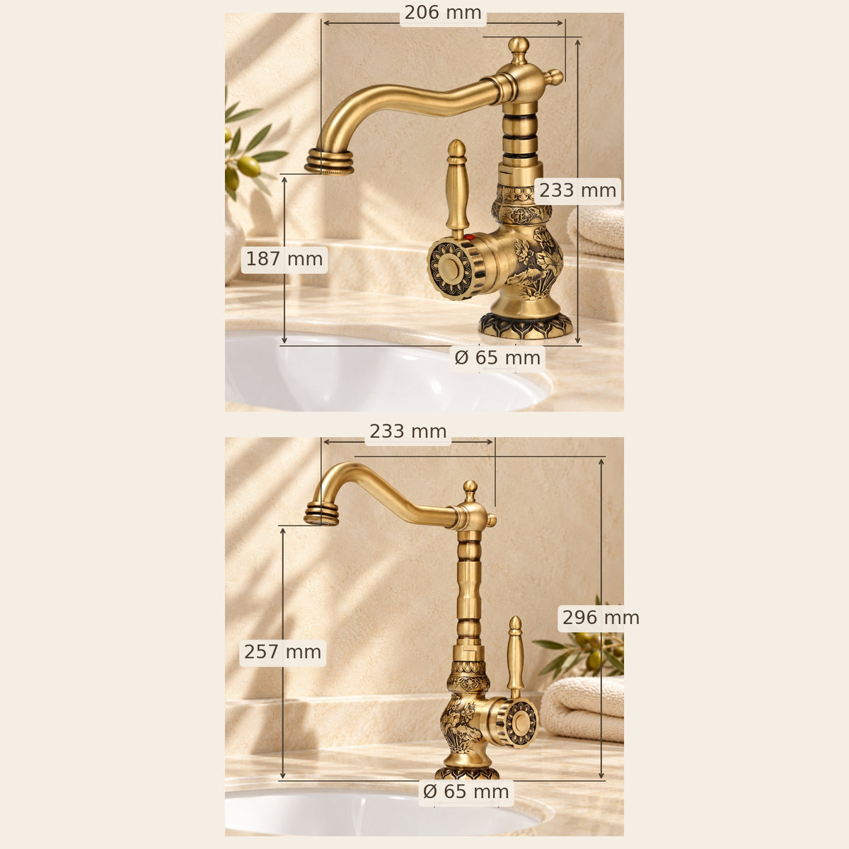 Dimensions — Le mitigeur de lavabo Héritage 066 — laiton antique