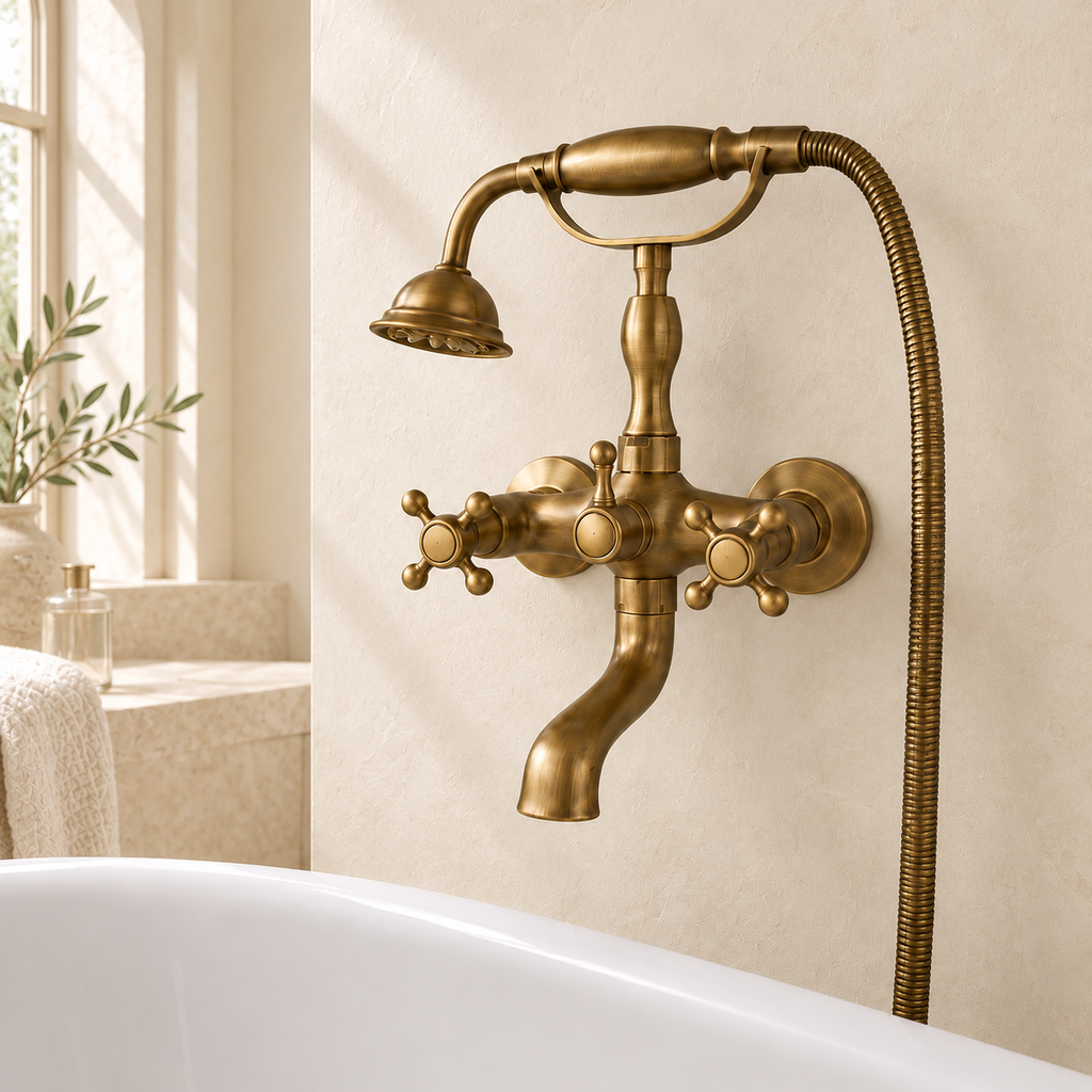 Mélangeur bain-douche mural Héritage en laiton antique, variante croisillons tout laiton