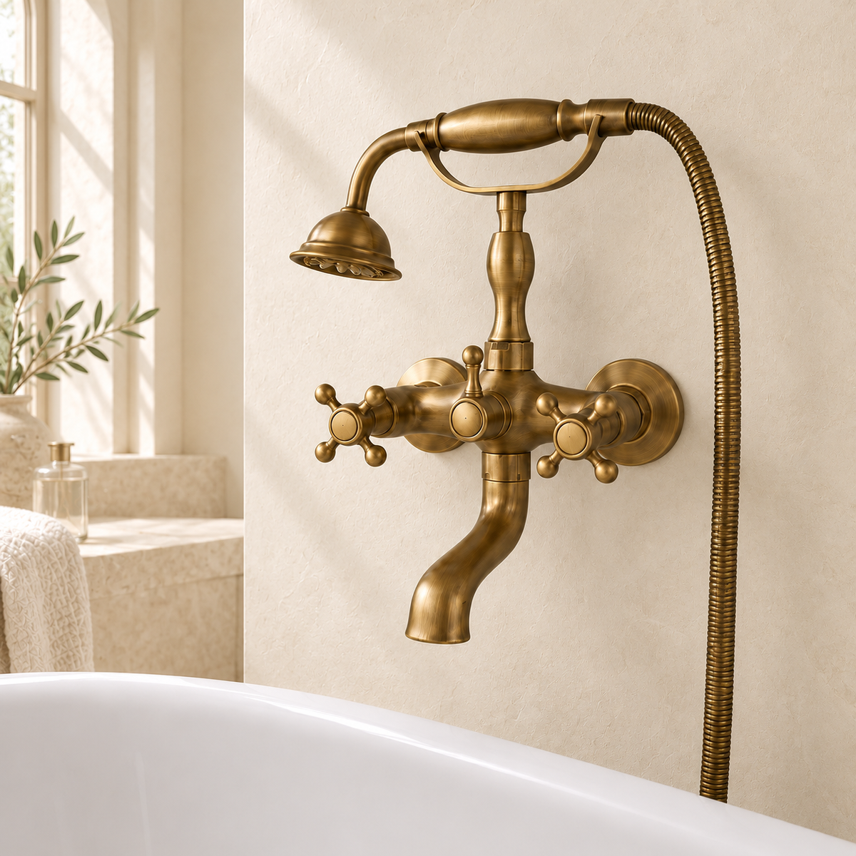 Mélangeur bain-douche mural Héritage en laiton antique, variante croisillons tout laiton