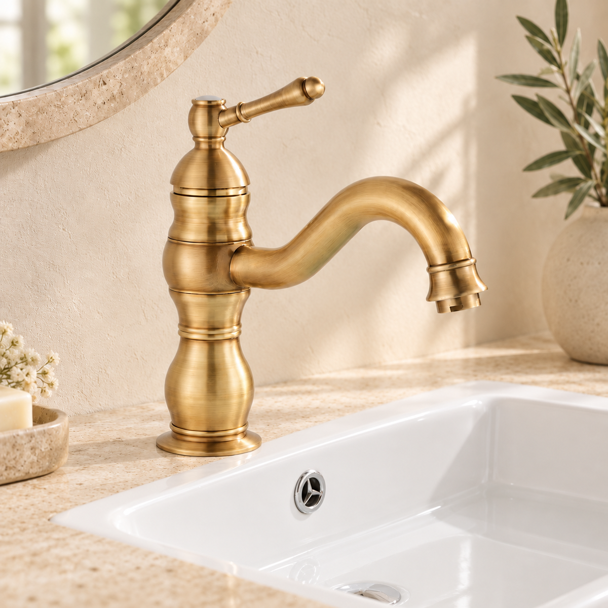 Robinet de lavabo court dans une salle de bain beige — visuel d’ambiance