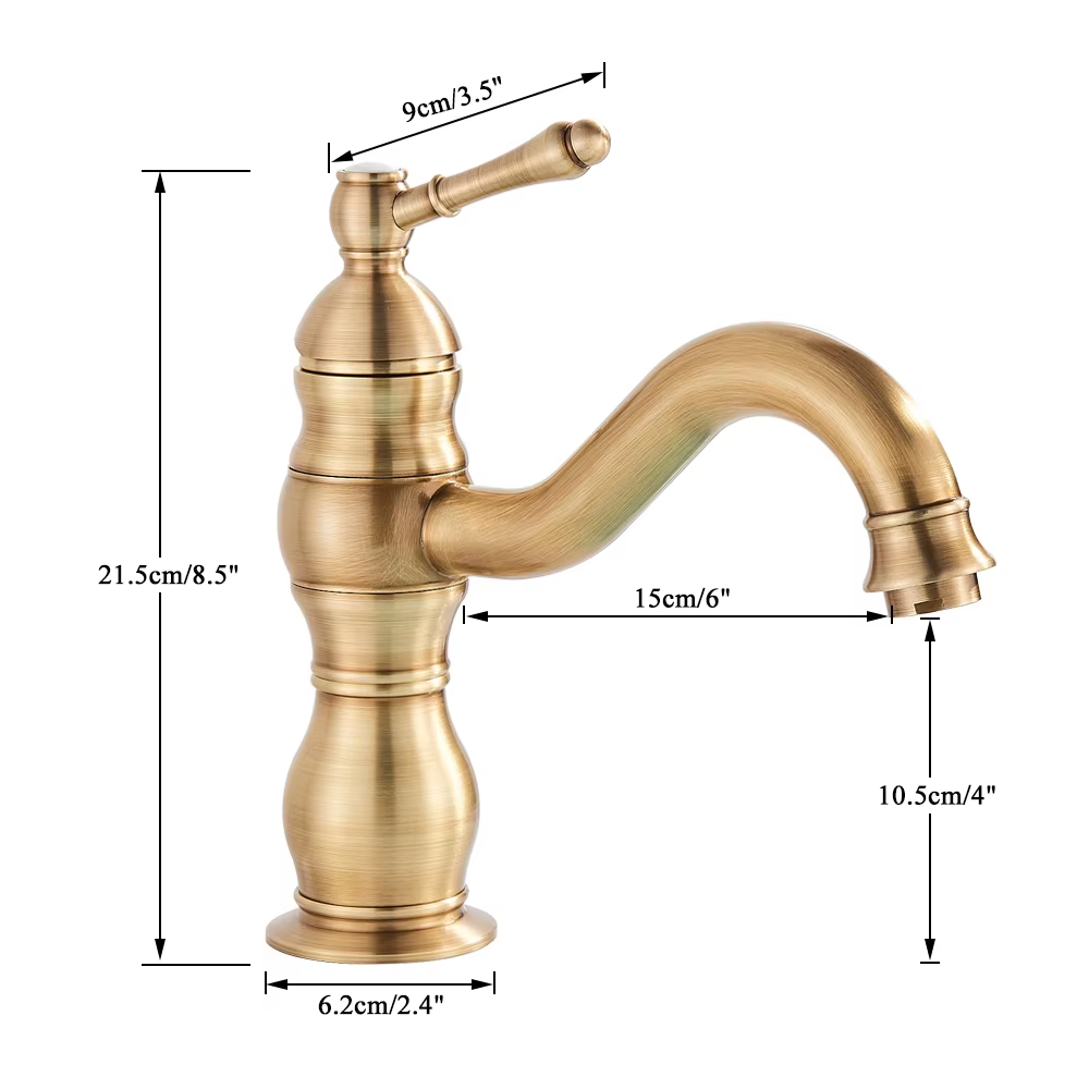Dimensions du modèle court : hauteur 21,5 cm, saillie 15 cm, hauteur sous bec 10,5 cm