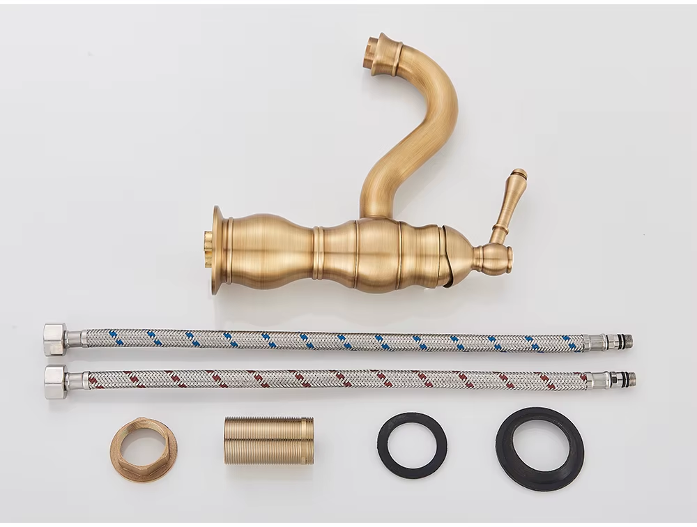 Robinet de lavabo court et éléments représentés dans la présentation du fournisseur