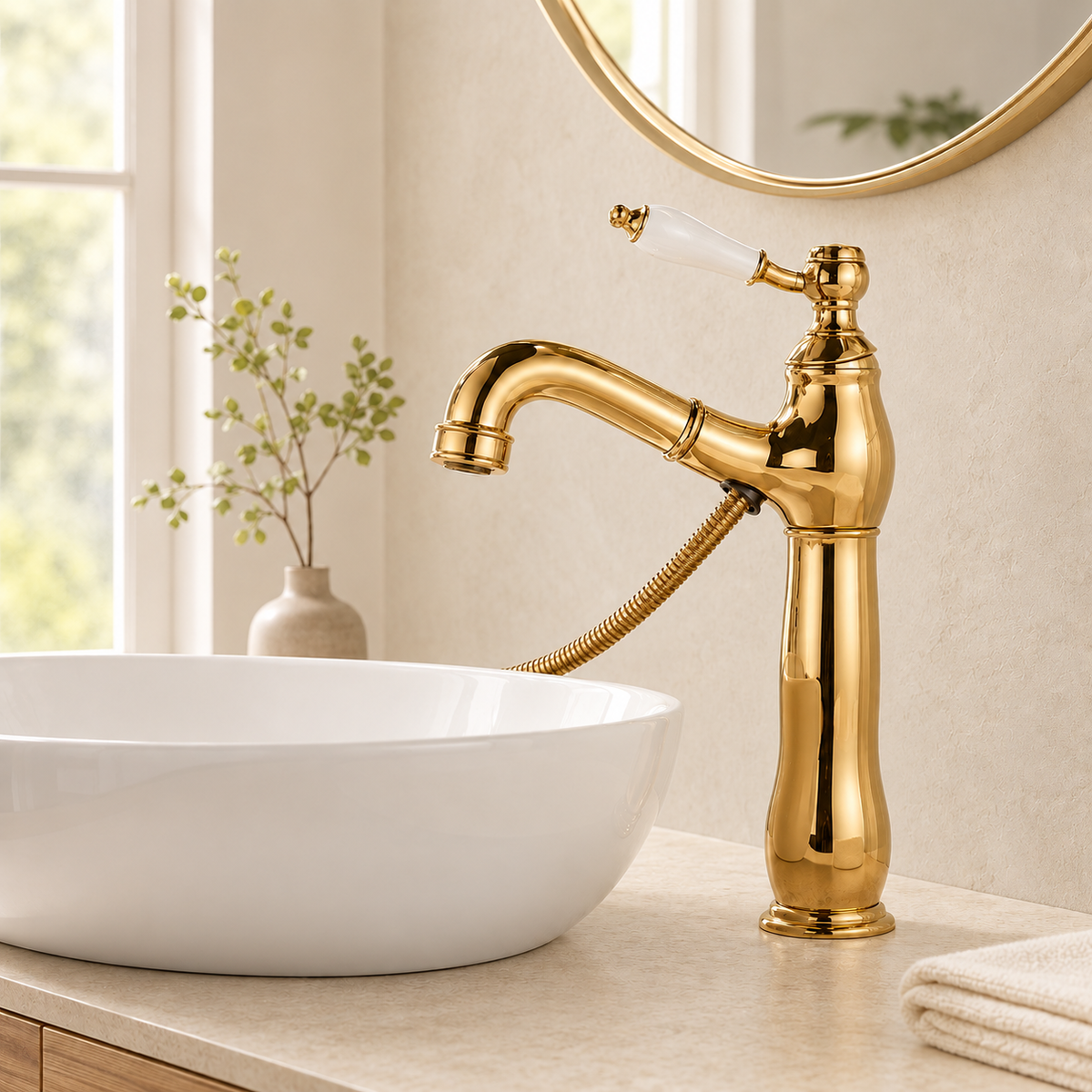 Mitigeur de lavabo Porcelaine or poli avec douchette extractible, ambiance beige