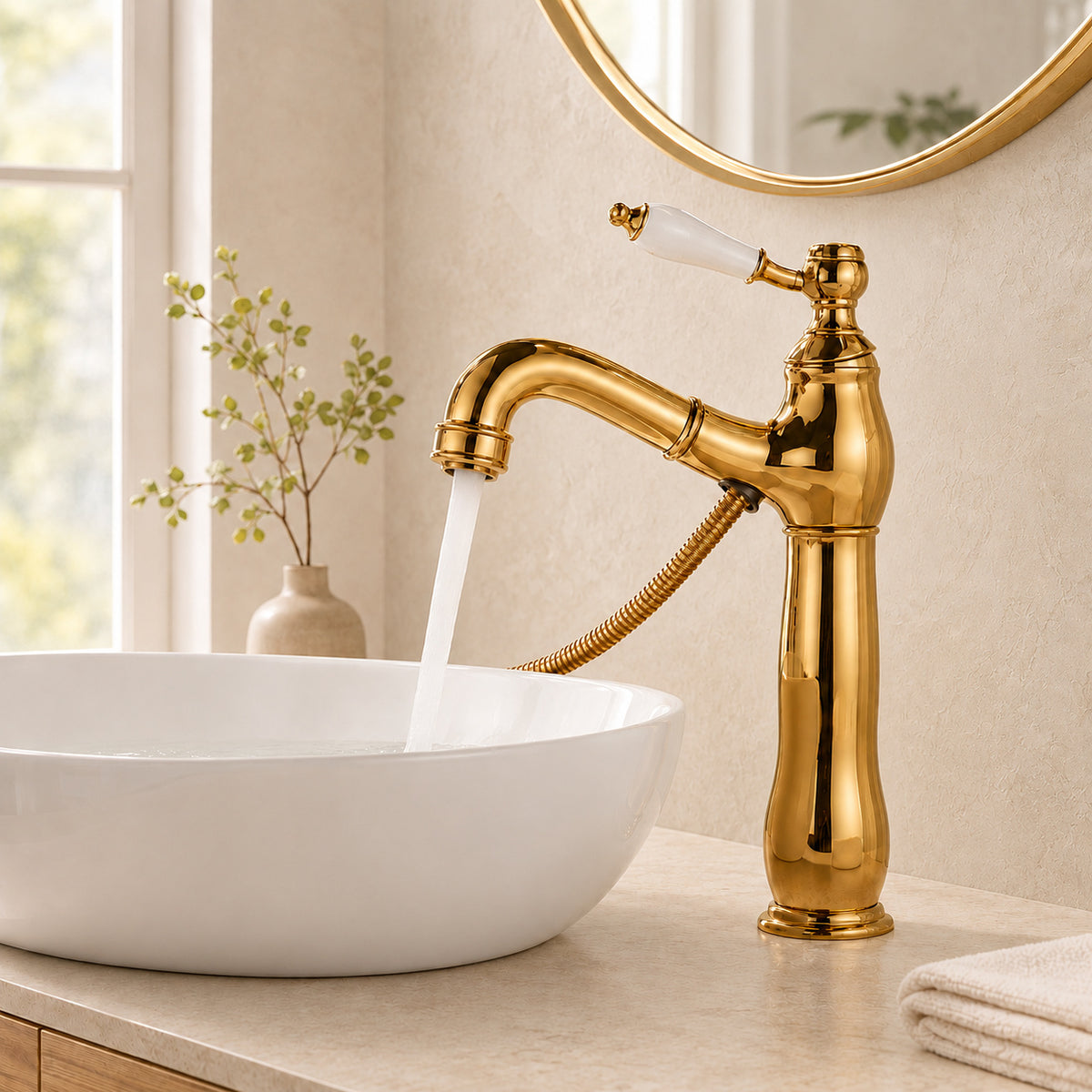 Mitigeur Porcelaine or poli avec écoulement d’eau dans une vasque blanche