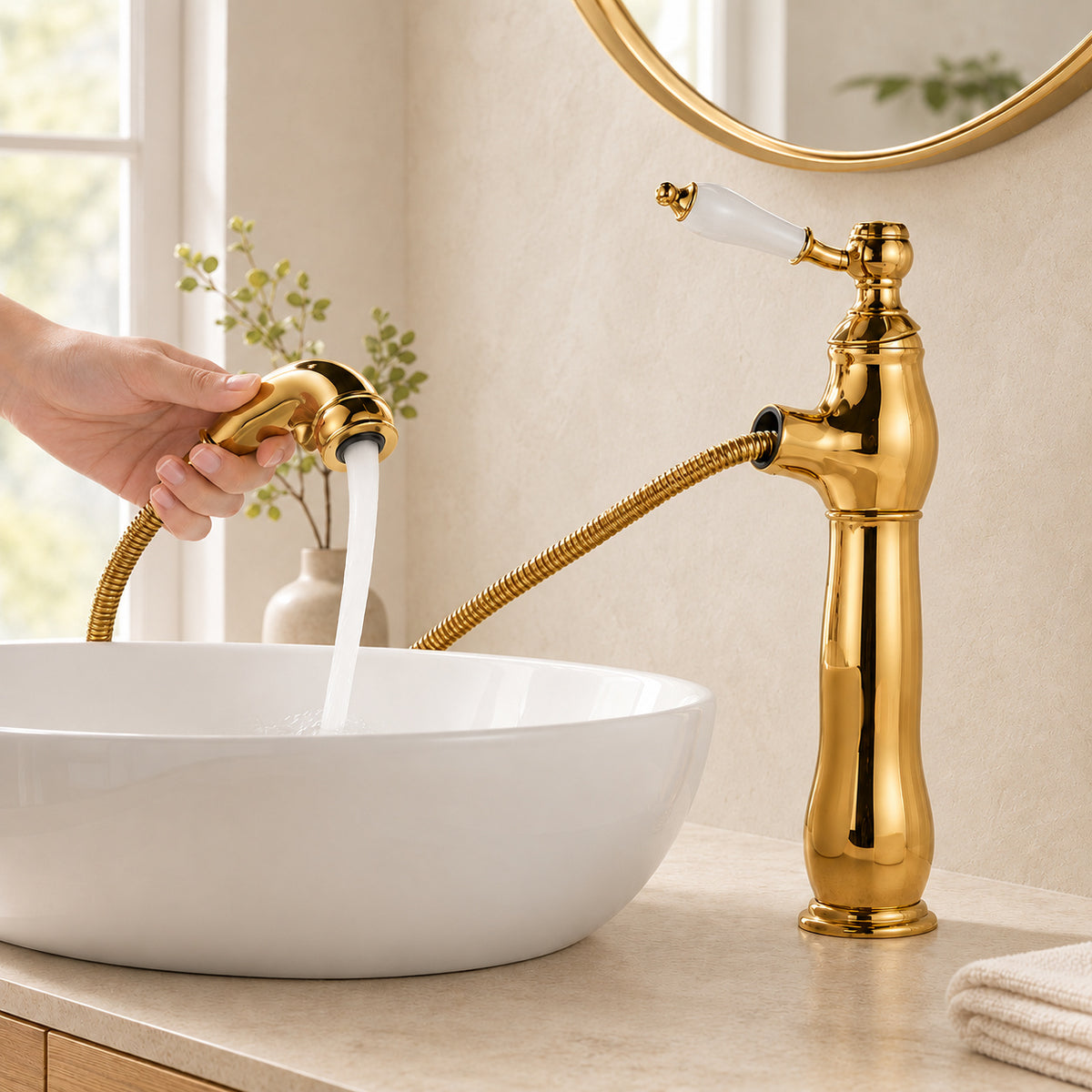 Douchette extractible du mitigeur Porcelaine en utilisation