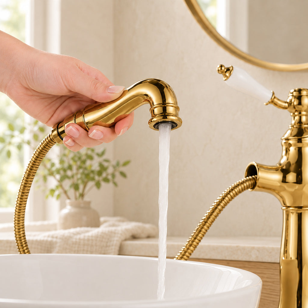 Détail du bec extractible et du flexible du mitigeur Porcelaine
