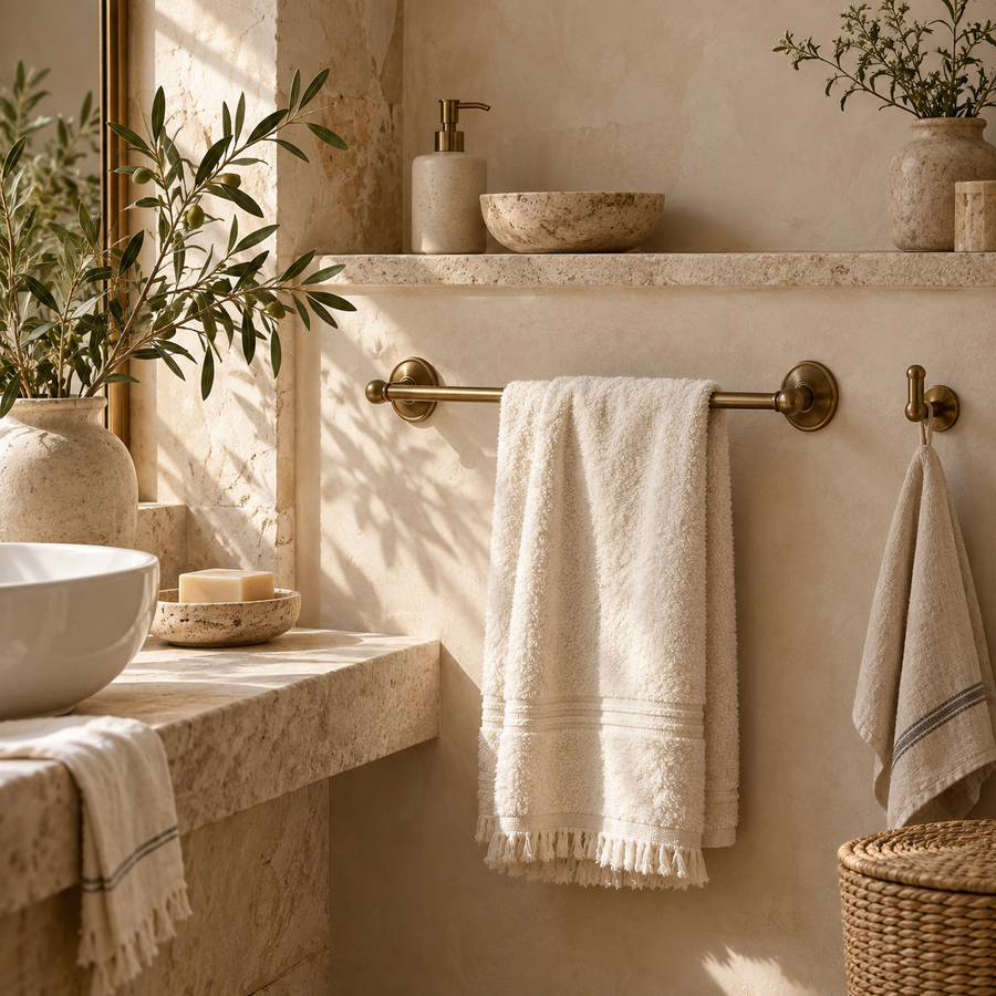 Accessoires de salle de bain en laiton dans une ambiance beige
