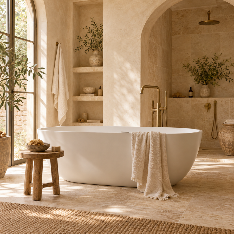 Salle de bain beige et baignoire blanche