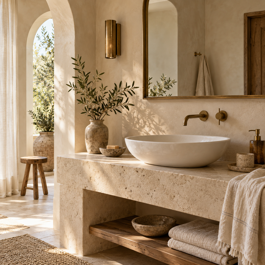 Salle de bain beige avec vasque blanche et détails en laiton
